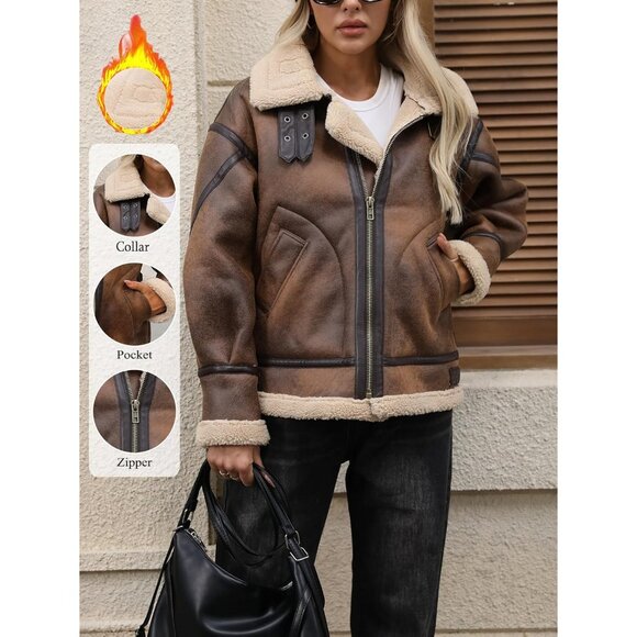 Women brown LY VAREY LIN Faux Leather Sherpa Aviator Bomber Jacket - Picture 2 of 7